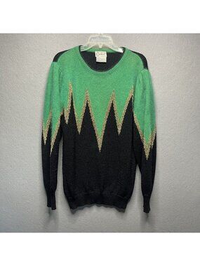 Vintage Carducci Black & Green Sweater With Gold Zigzag Design Angora Blend S